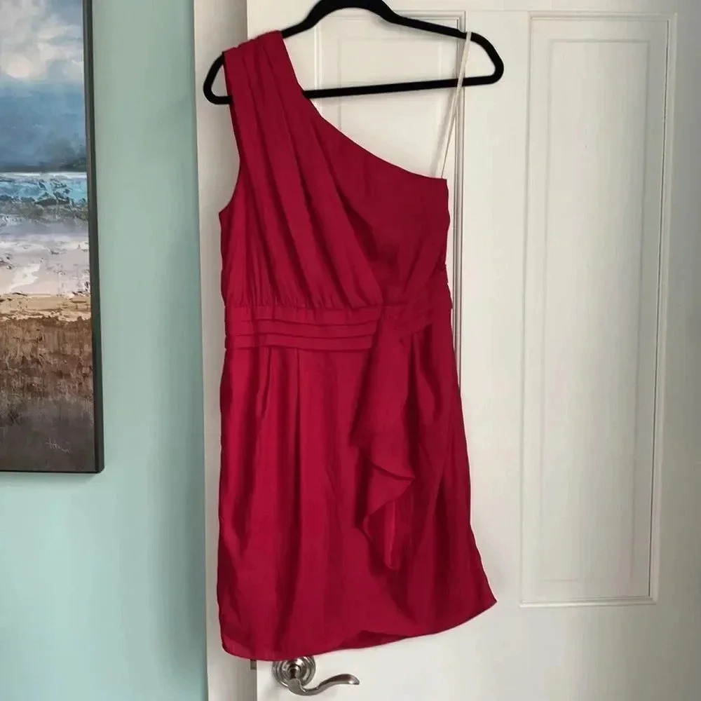 BCBGeneration Red Ruby One Shoulder Silky Ruffle Mini Formal Dress Size 8